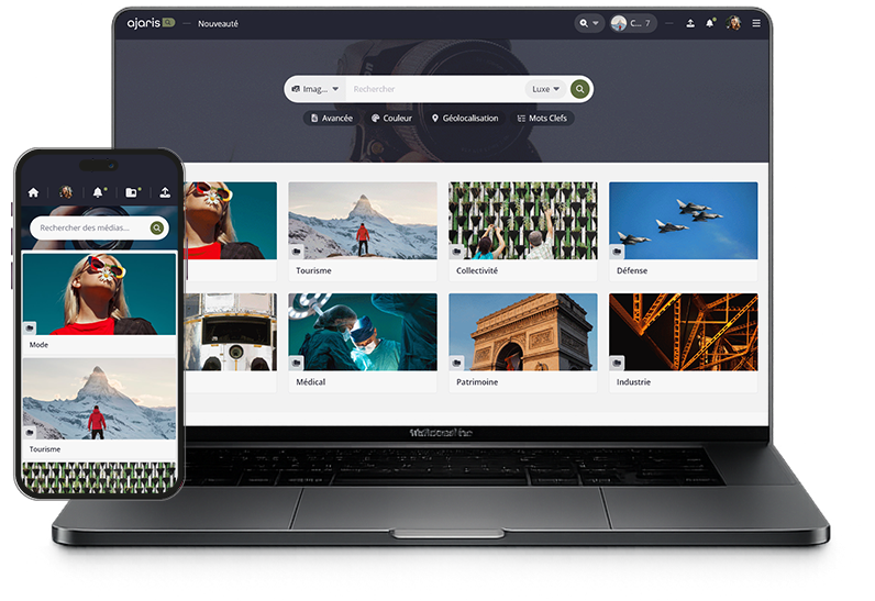 Interfaces laptop et mobile du DAM Ajaris avec navigation par albums et recherche de médias